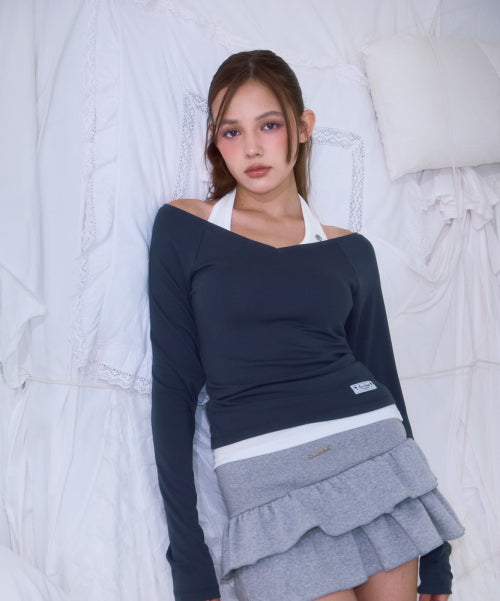Soft Curve V-neck Long Sleeve [Charcoal]