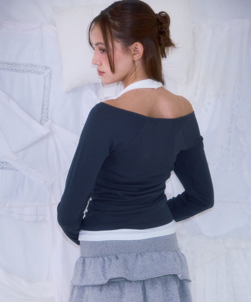 Soft Curve V-neck Long Sleeve [Charcoal]