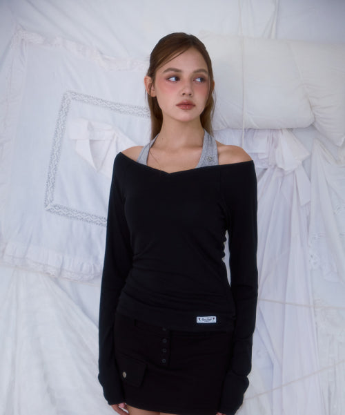 Soft Curve V-neck Long Sleeve [Black]