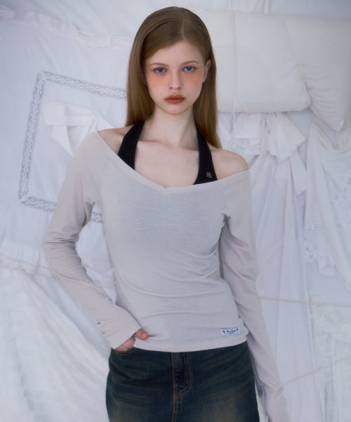 Soft Curve V-neck Long Sleeve [Beige]