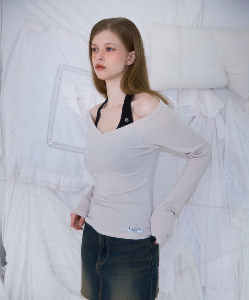 Soft Curve V-neck Long Sleeve [Beige]