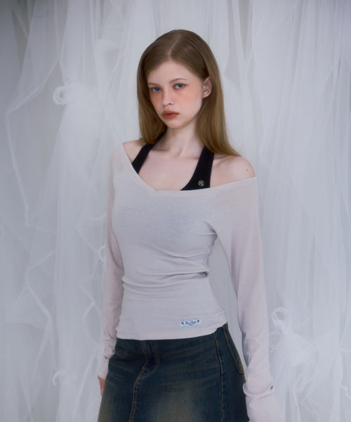 Soft Curve V-neck Long Sleeve [Beige]