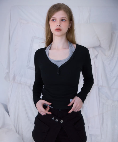 V-neck Button Long Sleeve [Black]