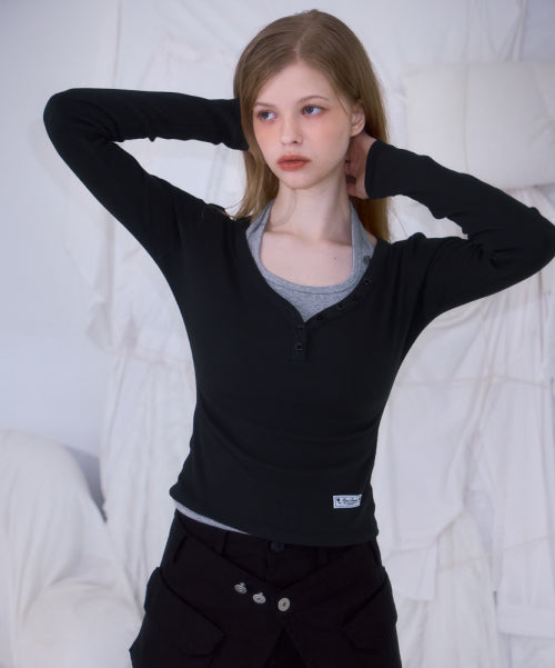 V-neck Button Long Sleeve [Black]
