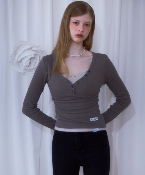 V-neck Button Long Sleeve [Brown]