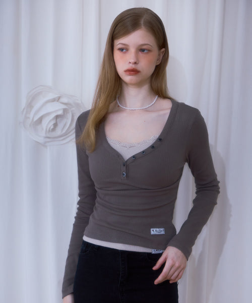 V-neck Button Long Sleeve [Brown]
