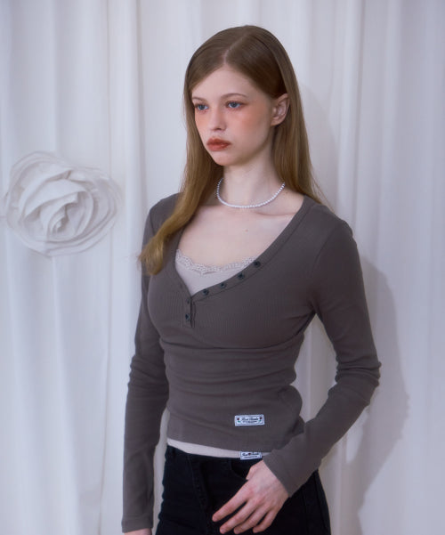 V-neck Button Long Sleeve [Brown]