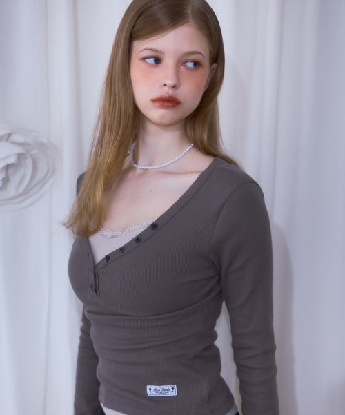 V-neck Button Long Sleeve [Brown]
