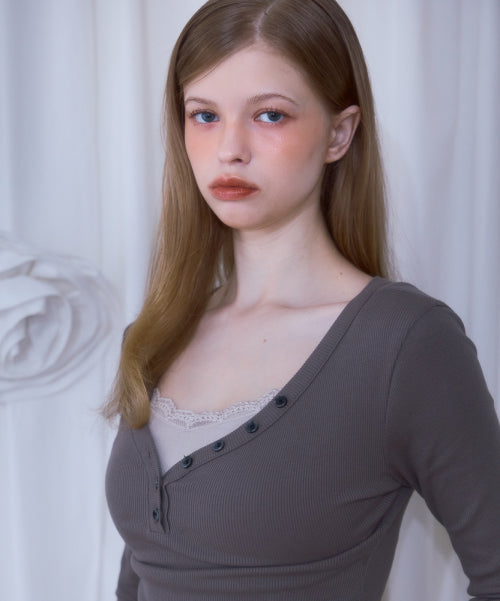 V-neck Button Long Sleeve [Brown]