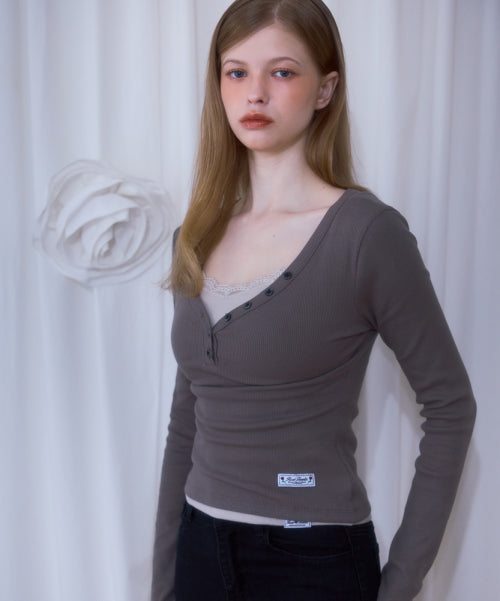 V-neck Button Long Sleeve [Brown]