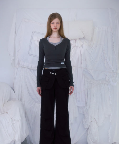 V-neck Button Long Sleeve [Charcoal]