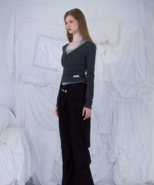 V-neck Button Long Sleeve [Charcoal]