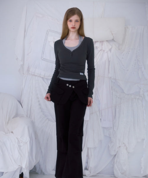 V-neck Button Long Sleeve [Charcoal]