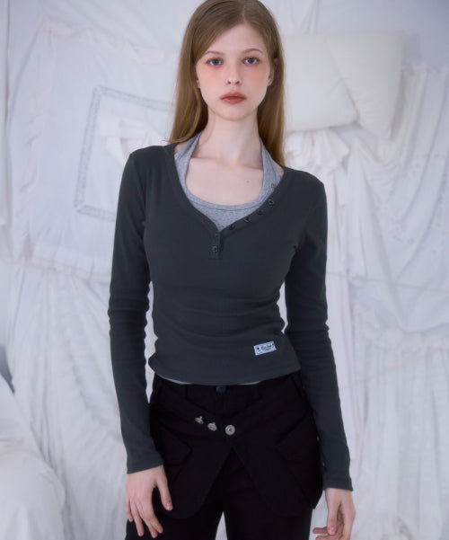 V-neck Button Long Sleeve [Charcoal]