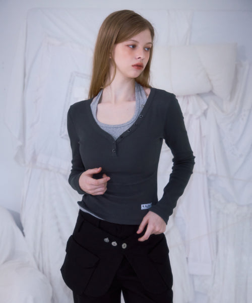 V-neck Button Long Sleeve [Charcoal]