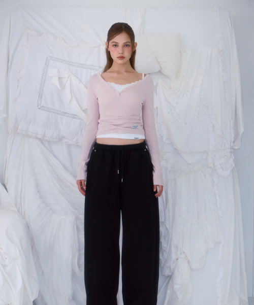 V-neck Button Long Sleeve [Pink]
