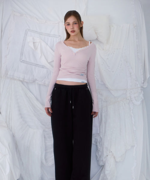 V-neck Button Long Sleeve [Pink]