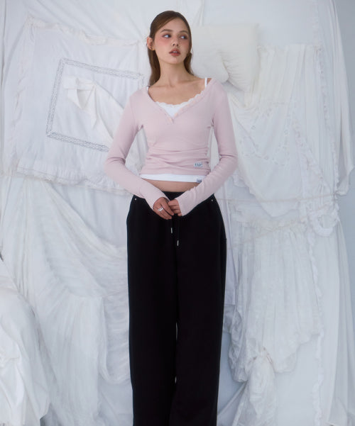V-neck Button Long Sleeve [Pink]
