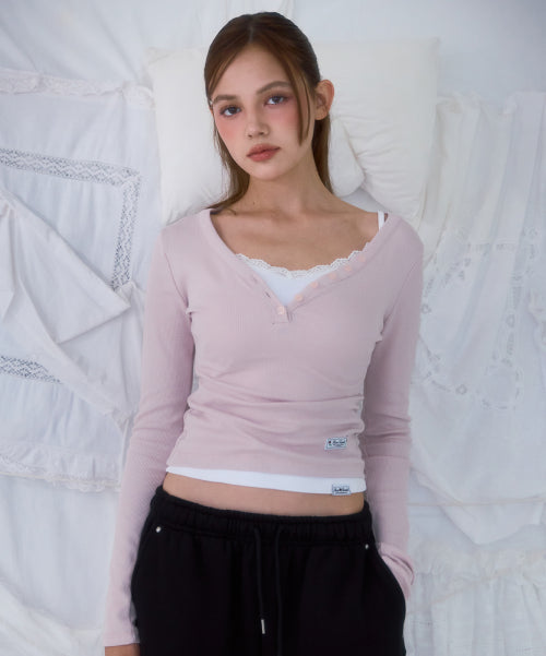 V-neck Button Long Sleeve [Pink]