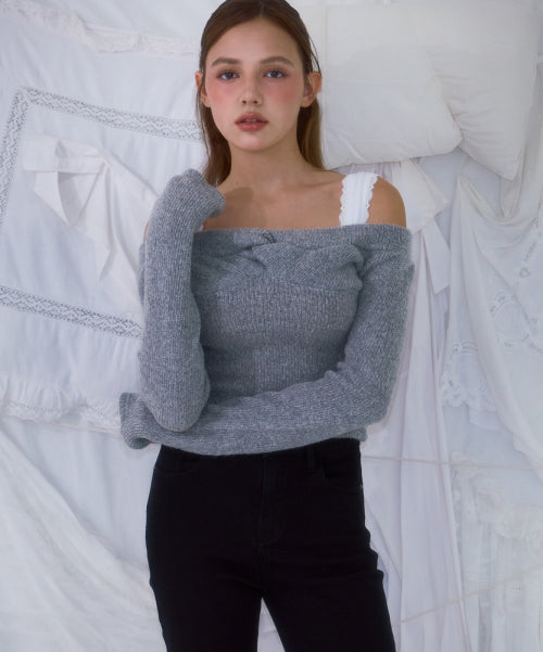 Twist Off Shoulder Long Sleeve [Gray]