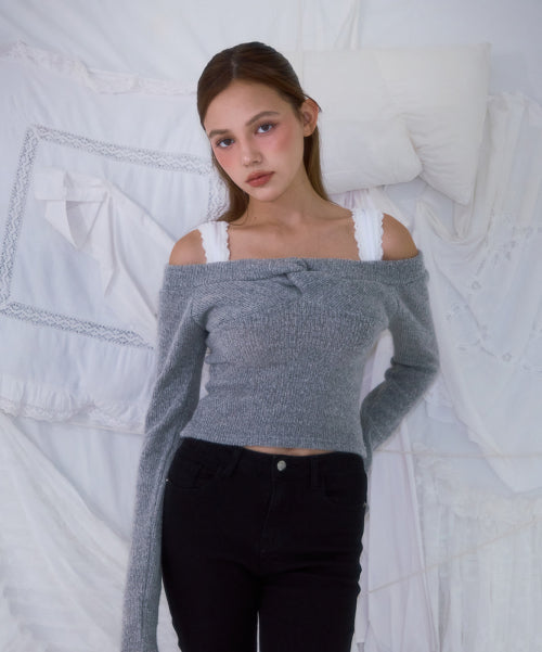 Twist Off Shoulder Long Sleeve [Gray]