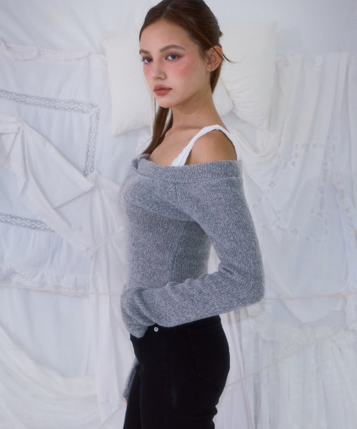 Twist Off Shoulder Long Sleeve [Gray]