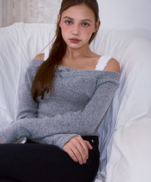 Twist Off Shoulder Long Sleeve [Gray]