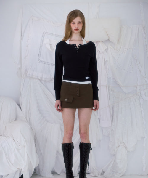 Eyelet Henley-neck Long Sleeve [Black]