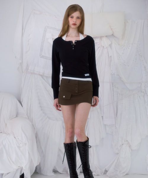 Eyelet Henley-neck Long Sleeve [Black]