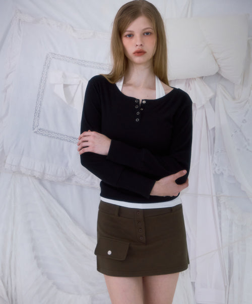 Eyelet Henley-neck Long Sleeve [Black]