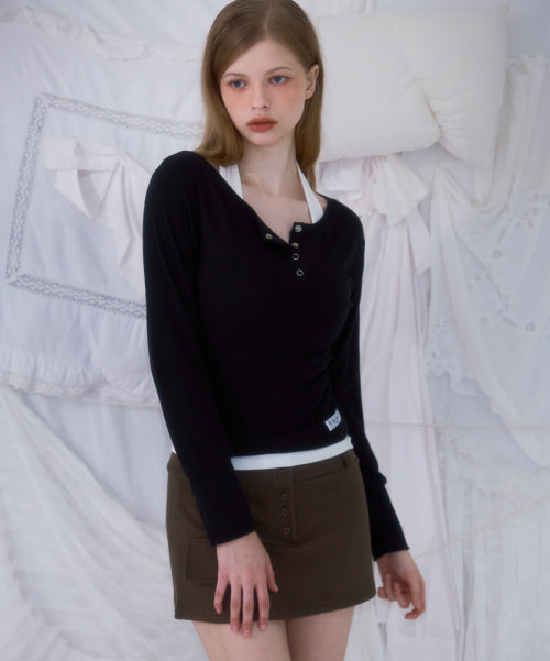Eyelet Henley-neck Long Sleeve [Black]