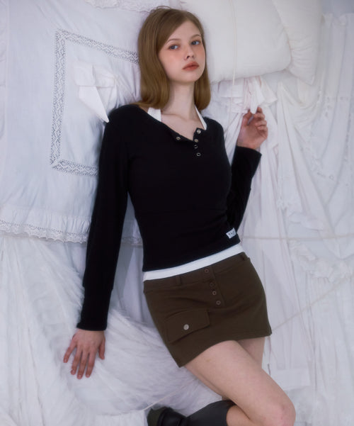 Eyelet Henley-neck Long Sleeve [Black]