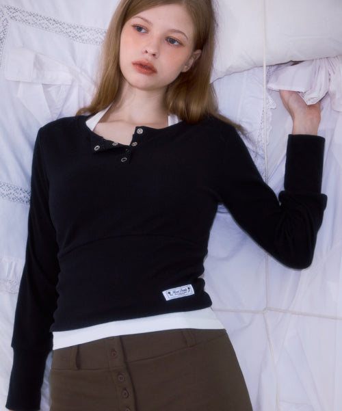 Eyelet Henley-neck Long Sleeve [Black]