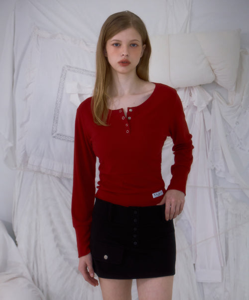 Eyelet Henley-neck Long Sleeve [Red]
