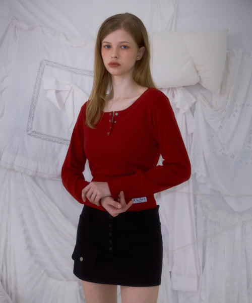 Eyelet Henley-neck Long Sleeve [Red]