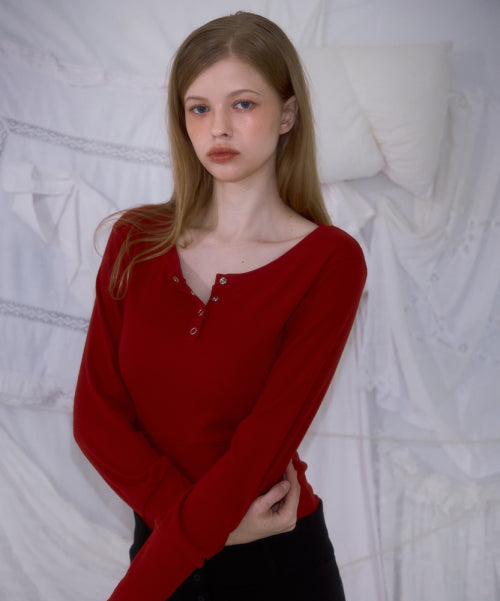 Eyelet Henley-neck Long Sleeve [Red]