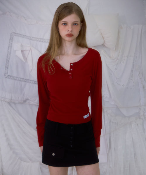 Eyelet Henley-neck Long Sleeve [Red]