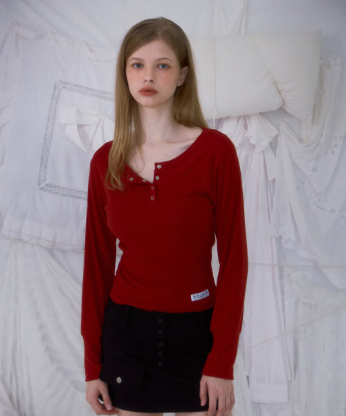 Eyelet Henley-neck Long Sleeve [Red]