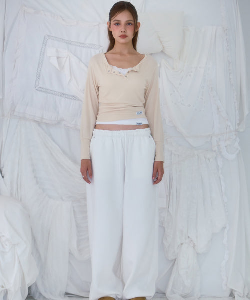 Eyelet Henley-neck Long Sleeve [Beige]
