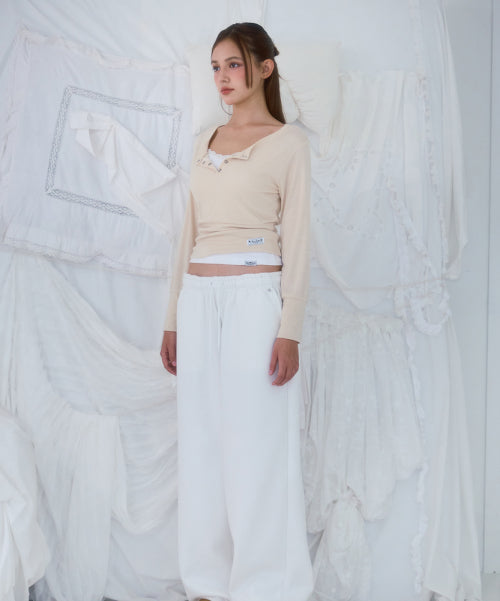 Eyelet Henley-neck Long Sleeve [Beige]