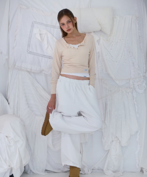 Eyelet Henley-neck Long Sleeve [Beige]