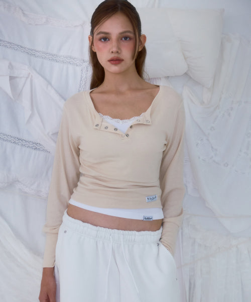Eyelet Henley-neck Long Sleeve [Beige]