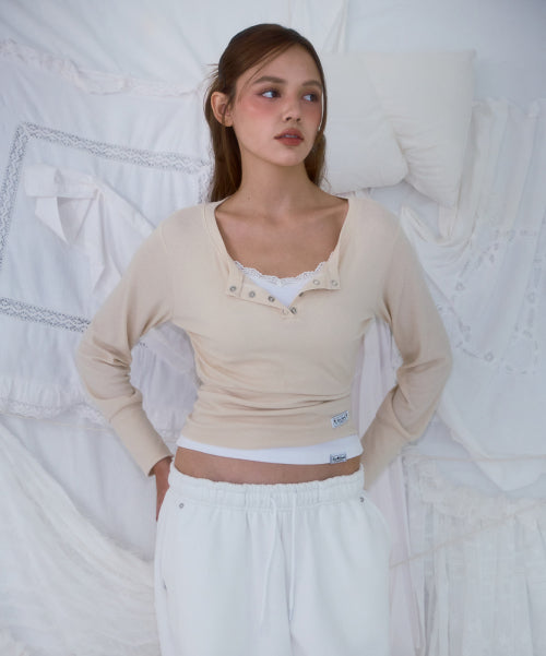 Eyelet Henley-neck Long Sleeve [Beige]