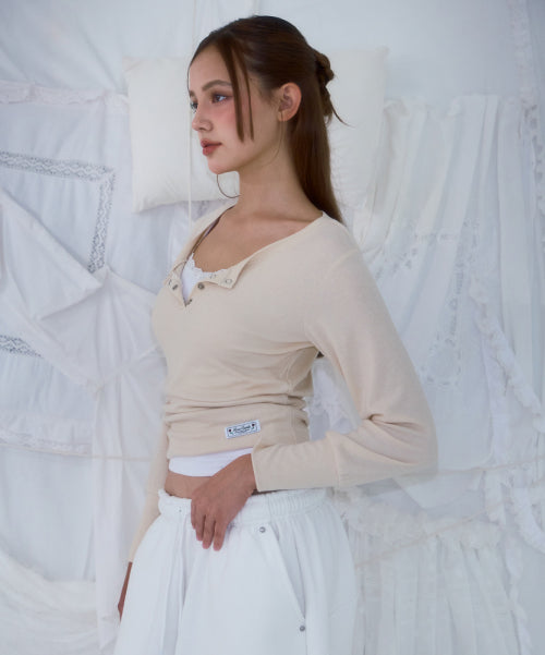 Eyelet Henley-neck Long Sleeve [Beige]