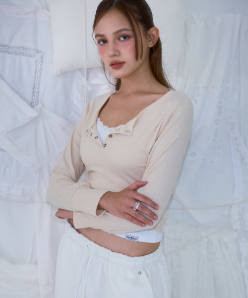Eyelet Henley-neck Long Sleeve [Beige]