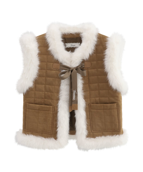 Fur Trim Quilted Vest BLACK