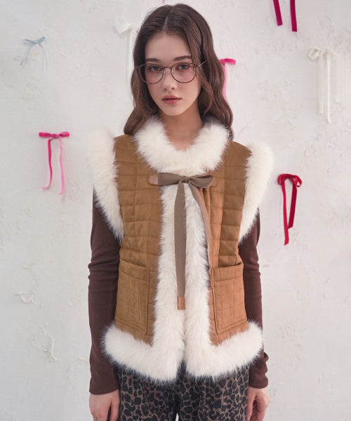 Fur Trim Quilted Vest BLACK
