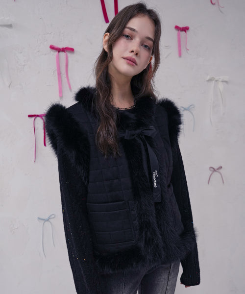 Fur Trim Quilted Vest BROWN