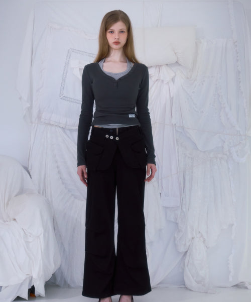 Skirt Layered Bootcut Pants [Black]
