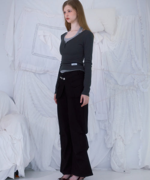 Skirt Layered Bootcut Pants [Black]